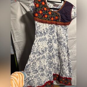 Elegant Cotton Paisley Print Embroidered Midi Dress